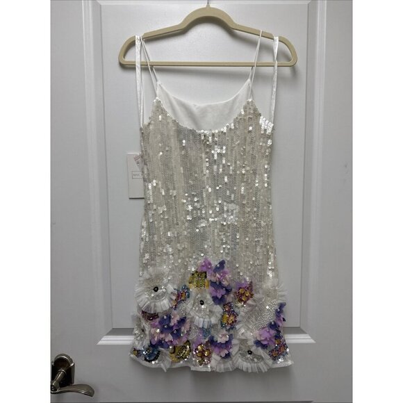 Mac Duggal White Sequin Mini Dress with Pastel Floral Appliqués - Picture 7 of 13